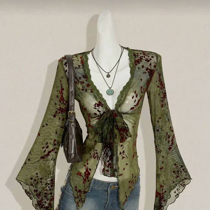 Romper Floral Print - Новинка: Женские винтажные сетчатые блузки MEXZT