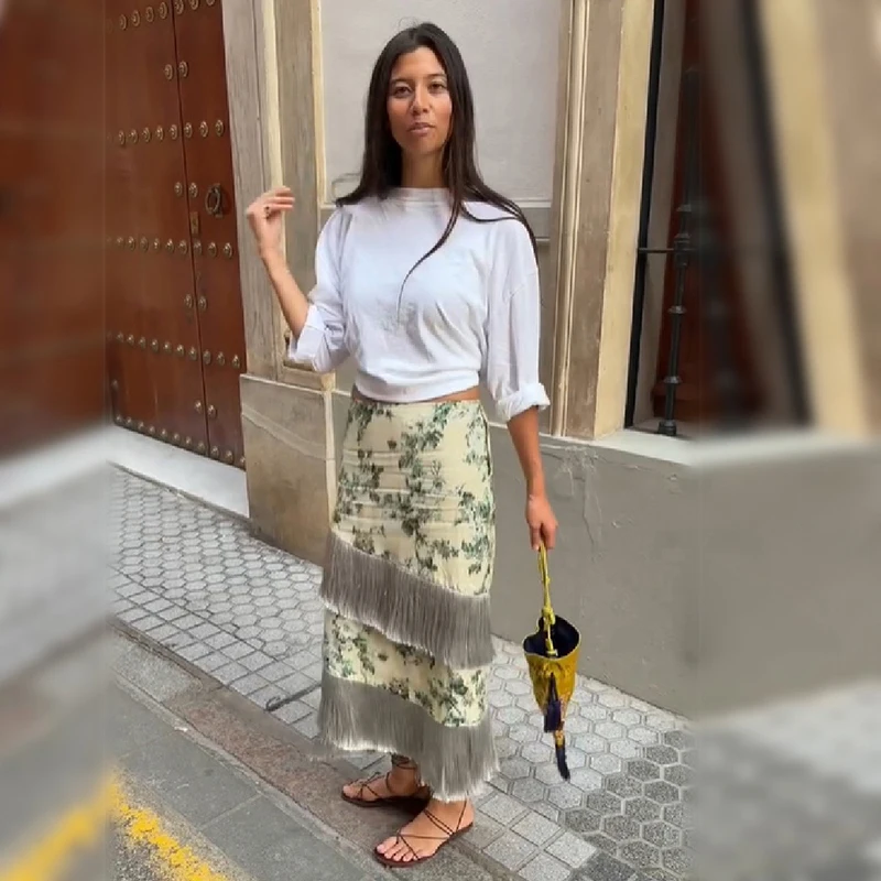Midi Skirt Floral - Женское элегантное платье с высокой талией