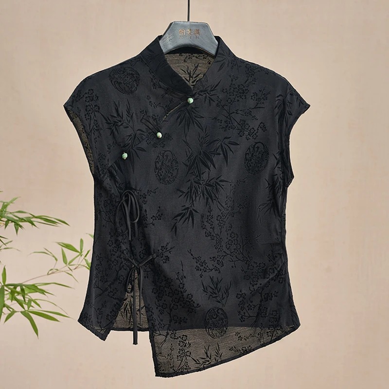 Blouse Off Shoulder - Новый французский китайский стиль Cheongsam, атласная
